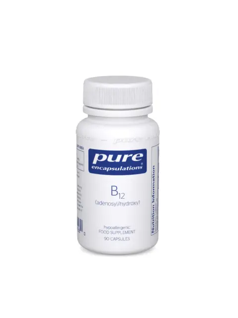 Pure Encapsulations B12 supplement bottle, 90 capsules, hypoallergenic.