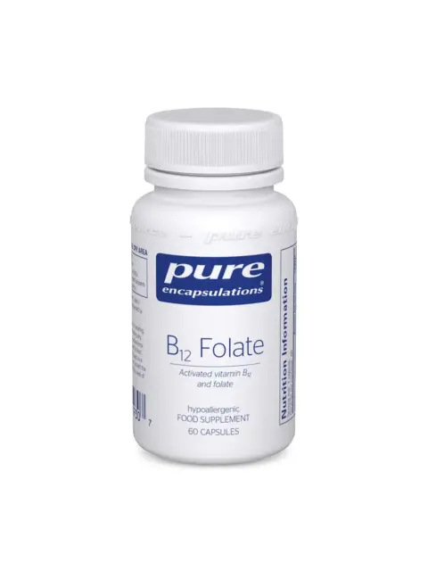 White bottle of Pure Encapsulations B12 Folate, 60 capsules, hypoallergenic supplement.