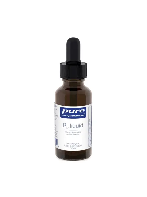 Brown bottle with dropper, labelled "Pure B12 liquid, 30 ml, food supplement".