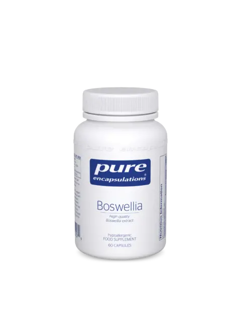 White bottle of Pure Encapsulations Boswellia, 60 capsules, hypoallergenic food supplement.