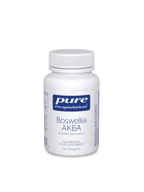 White bottle of Pure Encapsulations Boswellia AKBA, 60 capsules, hypoallergenic supplement.