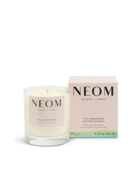 NEOM Feel Refreshed scented candle with box, Sicilian lemon and fresh basil, 185g.