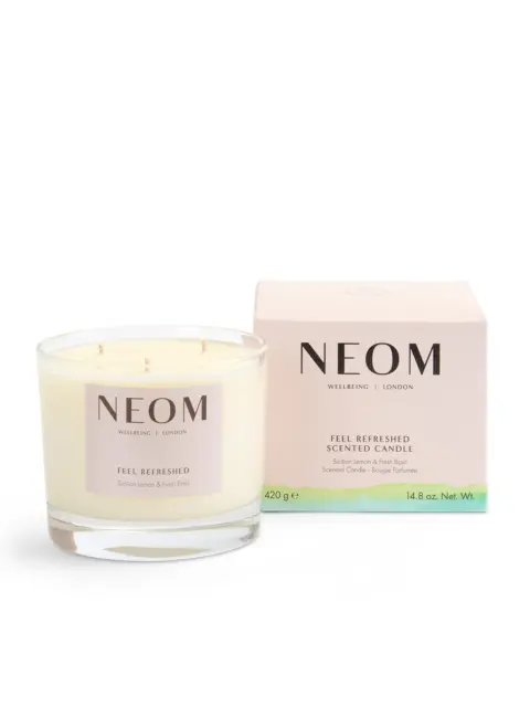NEOM Feel Refreshed candle, Sicilian lemon and fresh basil scent, 420g, with packaging.