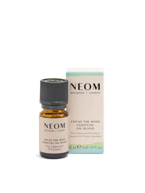 NEOM Focus the Mind essential oil blend, 10ml bottle and box. Pine, Cedarwood, Eucalyptus.