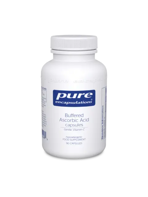 White bottle of Pure Encapsulations Buffered Ascorbic Acid capsules, 90 count.