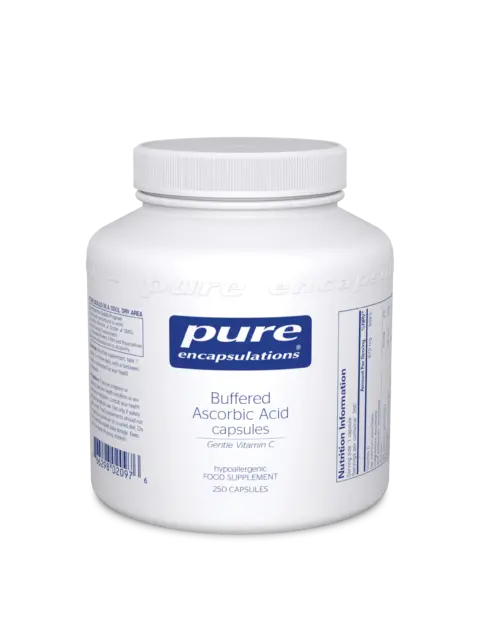 White bottle of Pure Encapsulations Buffered Ascorbic Acid capsules, 250 count.