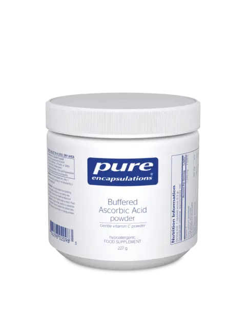 Buffered Ascorbic Acid powder, 227g, in a white container with blue label.