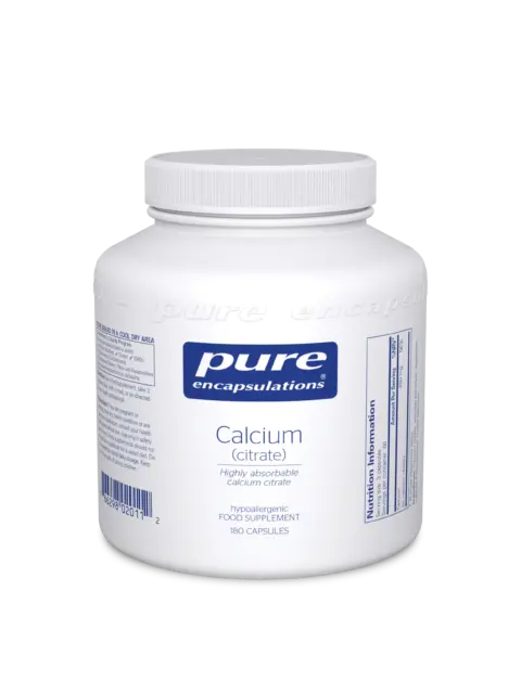 White bottle of Pure Encapsulations Calcium Citrate, 180 capsules.