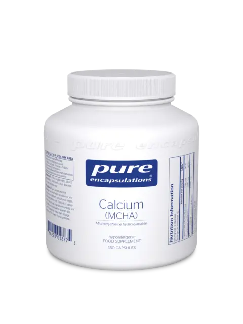 Pure Encapsulations Calcium MCHA supplement, 180 capsules, white bottle.