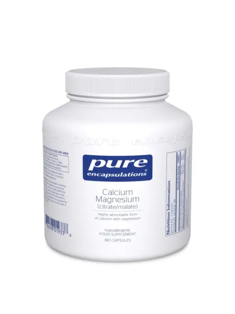 White bottle of Pure Encapsulations Calcium Magnesium, 180 capsules, with nutrition info.