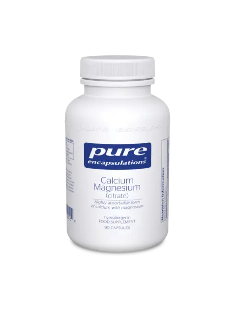 White bottle of Pure Encapsulations Calcium Magnesium Citrate, 90 capsules.