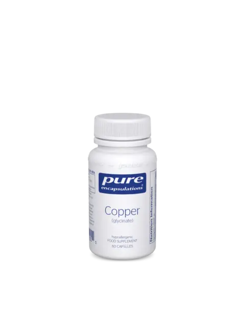 White bottle of Pure Encapsulations Copper glycinate, 60 capsules, hypoallergenic supplement.
