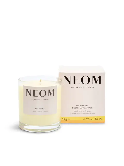 NEOM Happiness scented candle with neroli, mimosa, and lemon. Candle and box shown. 185g.