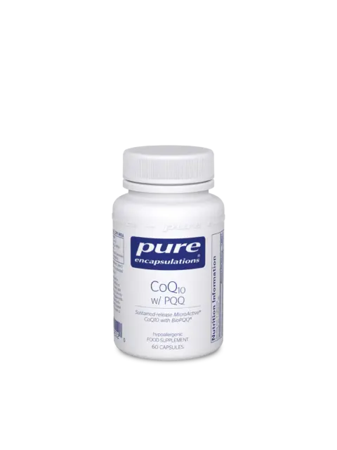 White bottle of Pure Encapsulations CoQ10 with PQQ, 60 capsules, hypoallergenic supplement.