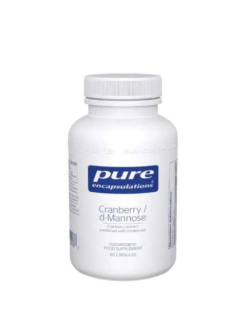 Pure Encapsulations Cranberry/d-Mannose supplement, 90 capsules, white bottle.
