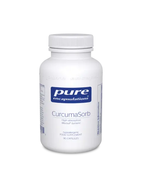 White bottle of Pure Encapsulations CurcumaSorb, 90 capsules, high absorption turmeric supplement.