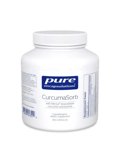 White bottle of Pure Encapsulations CurcumaSorb, 180 capsules, with supplement facts label.