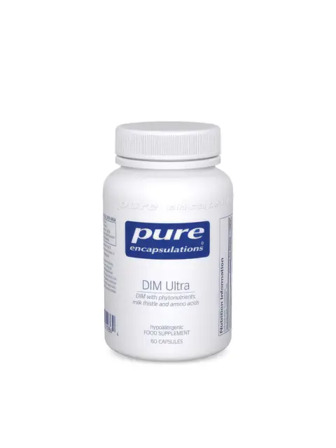 White bottle of Pure Encapsulations DIM Ultra, 60 capsules, with blue label.