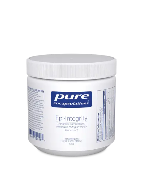 Pure Encapsulations Epi-Integrity supplement jar, 171g, with nutritional information.