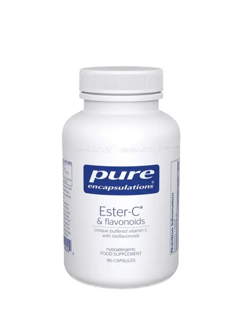 White bottle of Pure Encapsulations Ester-C & flavonoids, 90 capsules.