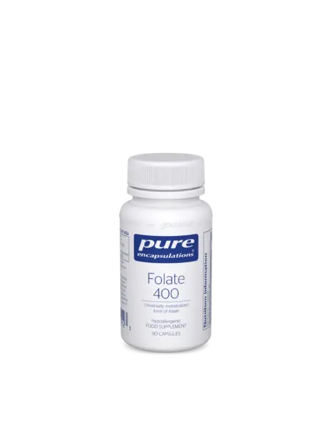 Pure Encapsulations Folate 400 supplement bottle, 90 capsules.