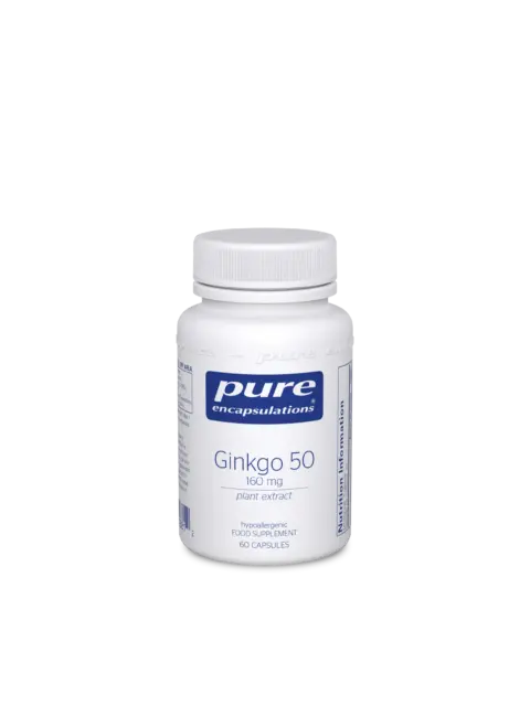 White bottle of Pure Encapsulations Ginkgo 50, 160 mg, 60 capsules, plant extract.
