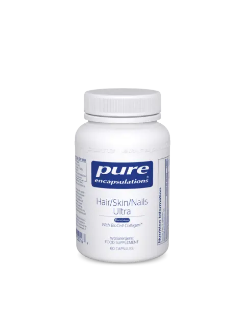 White bottle of Pure Encapsulations Hair/Skin/Nails Ultra, 60 capsules.