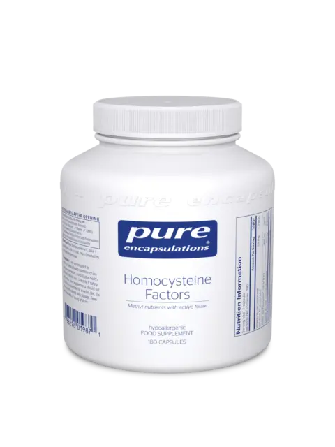 White bottle of Pure Encapsulations Homocysteine Factors, 180 capsules.