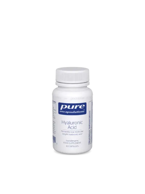White bottle of Pure Encapsulations Hyaluronic Acid, 60 capsules, with blue label.