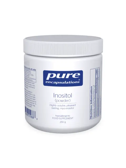 White jar of Pure Encapsulations Inositol powder, 250g, with nutrition information label.