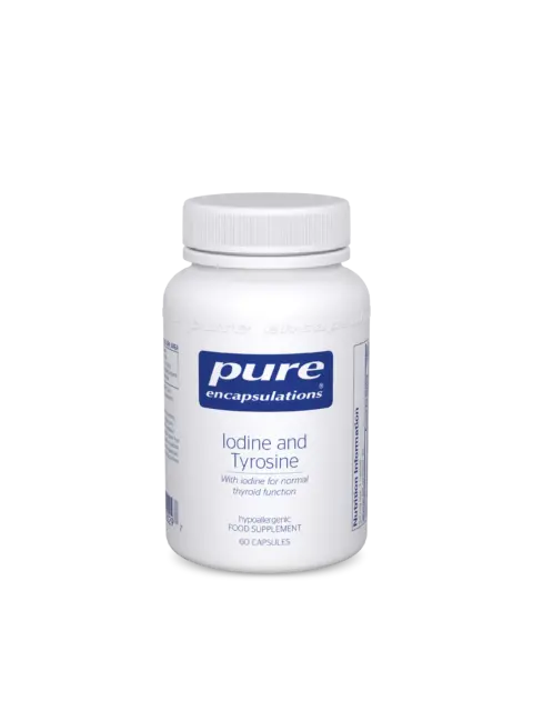 Pure Encapsulations Iodine and Tyrosine supplement, 60 capsules, white bottle.