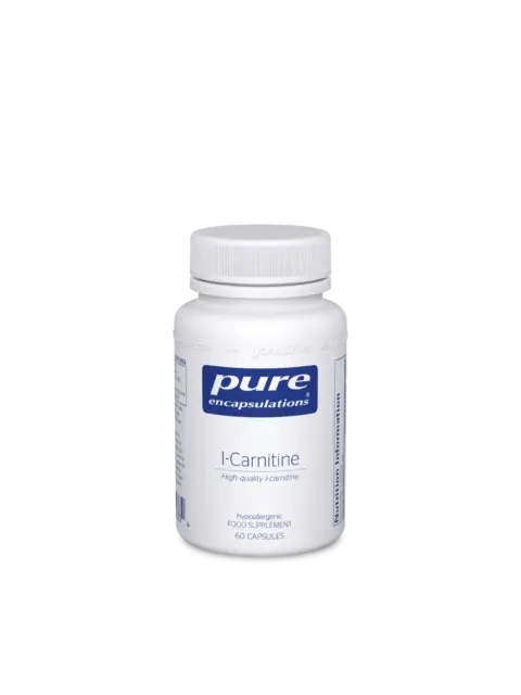 White bottle of Pure Encapsulations L-Carnitine, 60 capsules, hypoallergenic food supplement.