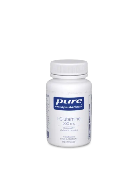 White bottle of Pure Encapsulations L-Glutamine 500 mg, 90 capsules, hypoallergenic supplement.