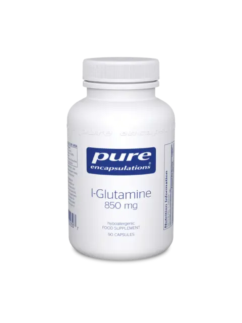 Pure Encapsulations L-Glutamine 850 mg, 90 capsules, hypoallergenic food supplement bottle.