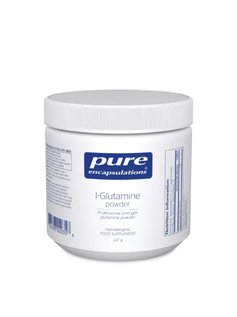 White jar of Pure Encapsulations L-Glutamine powder, 227g, with blue label and nutrition info.