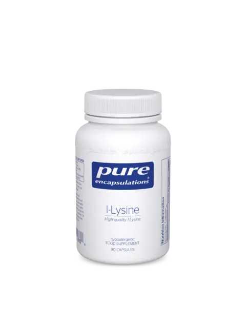White bottle of Pure Encapsulations L-Lysine, 90 capsules, hypoallergenic food supplement.