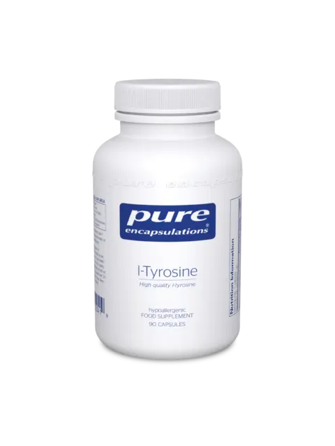 Pure Encapsulations l-Tyrosine supplement bottle, 90 capsules, white with blue label.