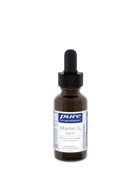 Brown bottle of Pure Encapsulations Vitamin D3 liquid, 225 ml, with dropper cap.