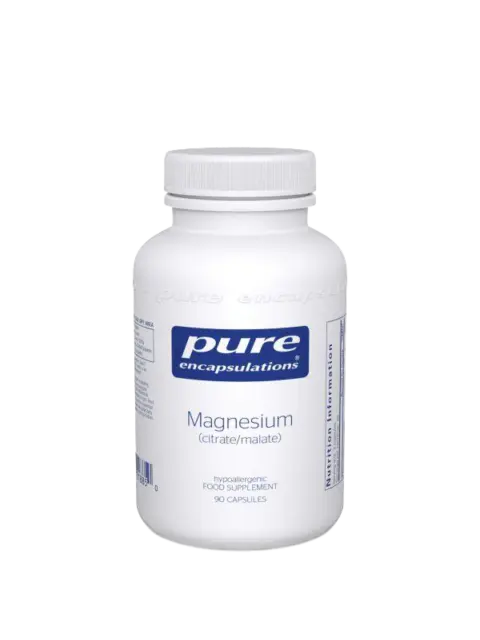 White bottle of Pure Encapsulations Magnesium citrate/malate, 90 capsules.