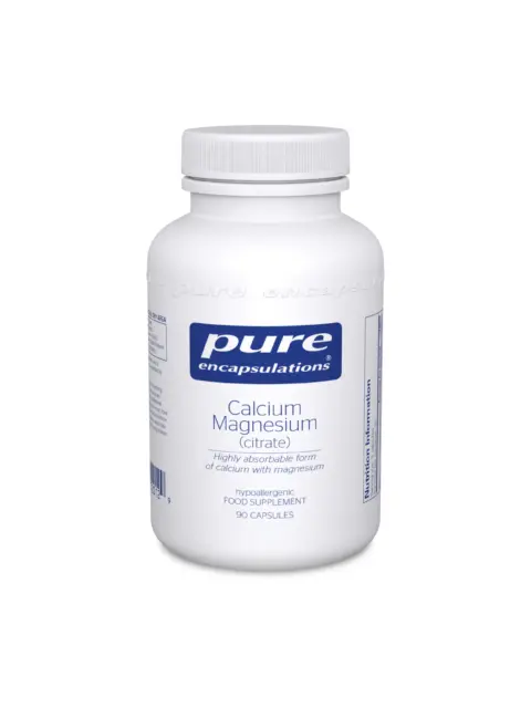 Pure Encapsulations Calcium Magnesium Citrate, 90 capsules, white bottle.
