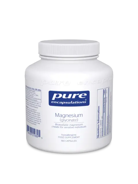 White bottle of Pure Encapsulations Magnesium Glycinate, 180 capsules.