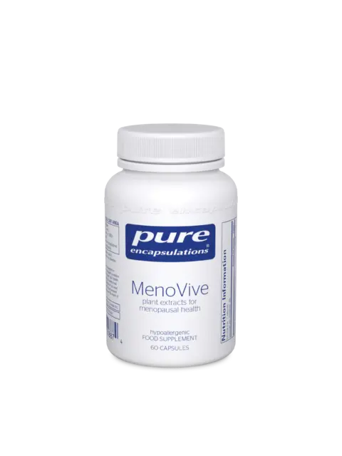 MenoVive supplement bottle, 60 capsules, for menopausal health.