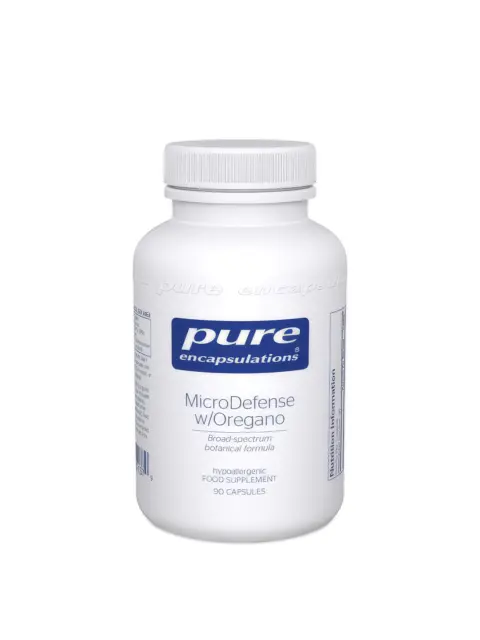 White bottle of Pure Encapsulations MicroDefense with Oregano, 90 capsules.
