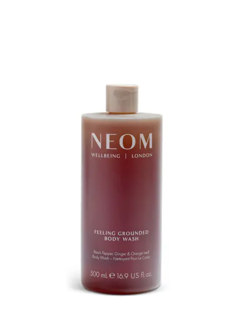 NEOM Feeling Grounded Body Wash, 500ml bottle, black pepper, ginger, orange leaf scent.