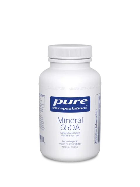 White bottle of Pure Encapsulations Mineral 650A, 180 capsules.
