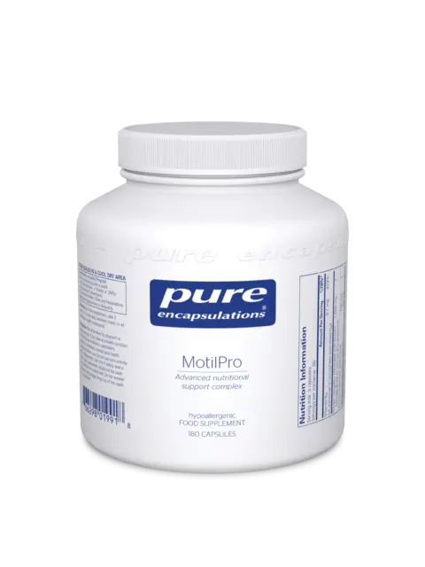 White bottle of Pure Encapsulations MotilPro, 180 capsules, with nutrition information.