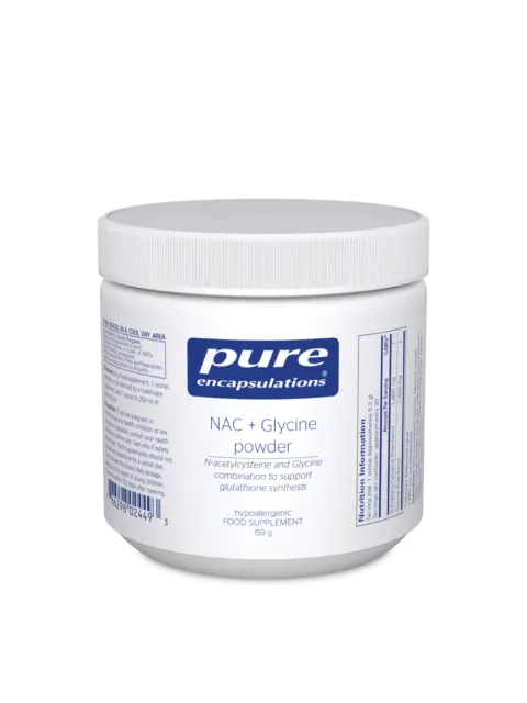 White jar of NAC + Glycine powder by Pure Encapsulations, 159g, with blue label.