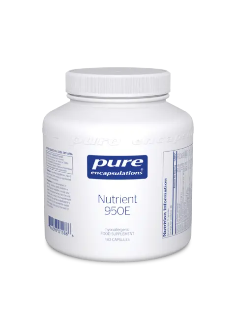 White bottle of Pure Encapsulations Nutrient 950E, 180 capsules, with label details.