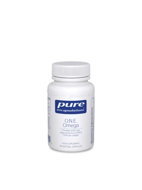 White bottle of Pure Encapsulations O.N.E. Omega, 30 softgel capsules, 1000 mg EPA & DHA.