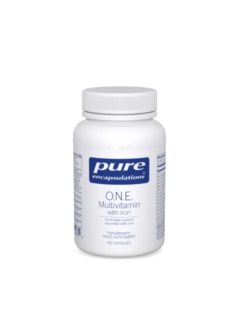 White bottle of Pure Encapsulations O.N.E. Multivitamin with Iron, 60 capsules.